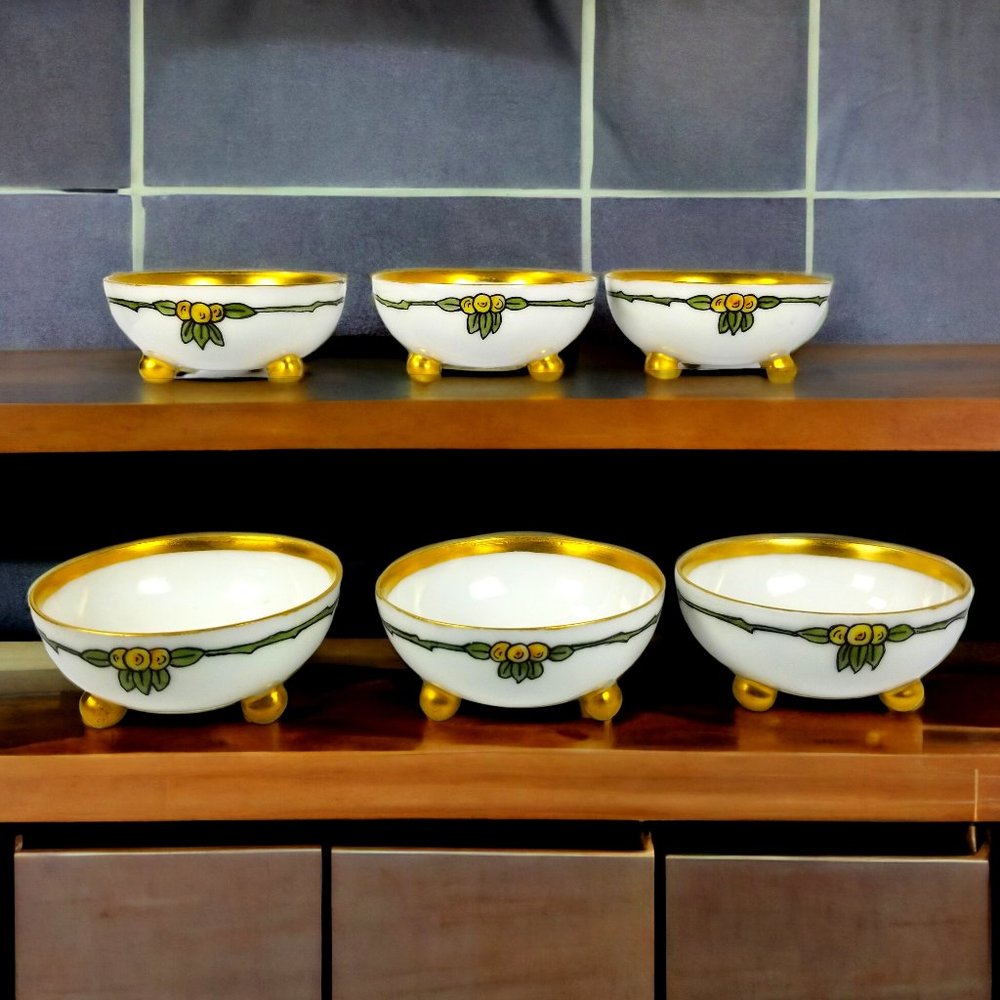6-Petite Bavaria Footed Bowls E.A.C Fine China Gift Set Antique Collectible Ger